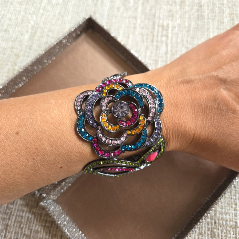 Hinged Floral Bedazzled Bracelet